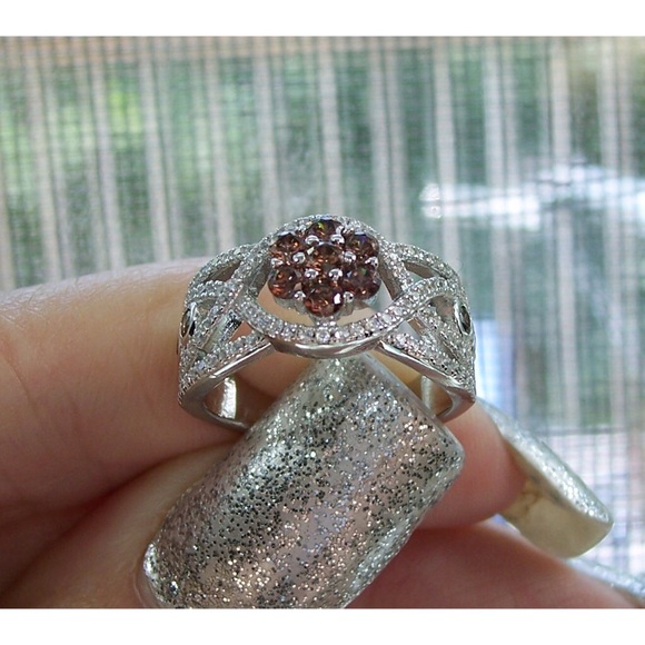 925 STERLING SILVER Chocolate Cubic Zirconia Cluster Ring - Picture 8 of 14